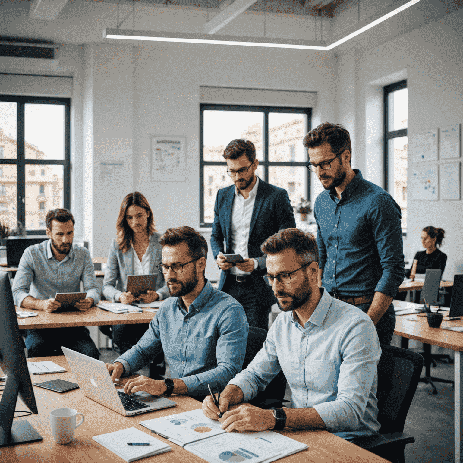 Equipo de Hajanoa trabajando en la oficina en España. Se ve un grupo diverso de profesionales colaborando en un espacio de trabajo moderno y luminoso, con computadoras y tabletas gráficas.