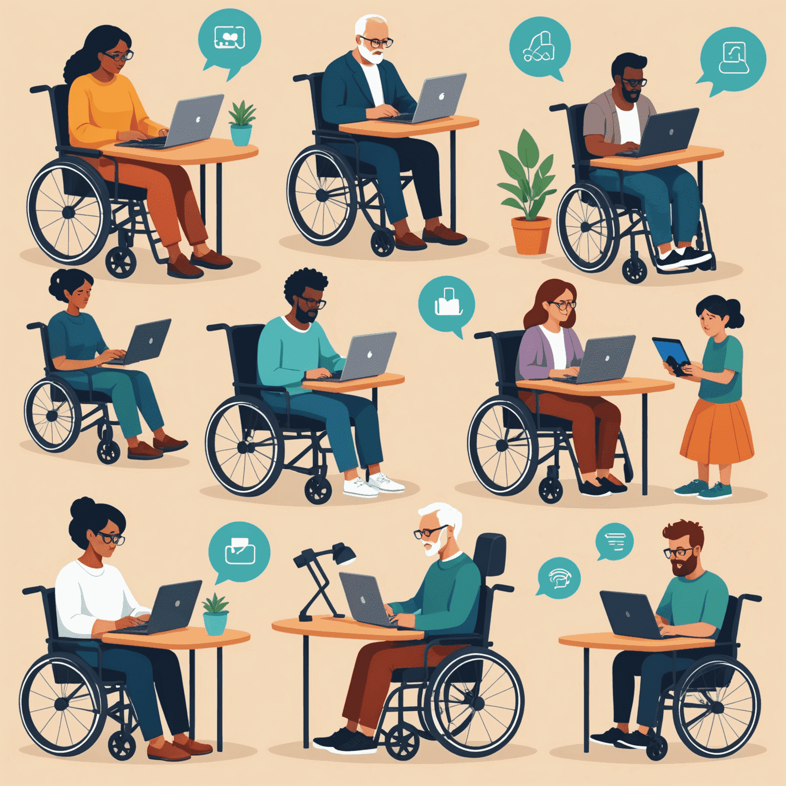 Imagen que muestra a personas con diferentes capacidades utilizando dispositivos tecnológicos adaptados, simbolizando la inclusión digital y la accesibilidad web