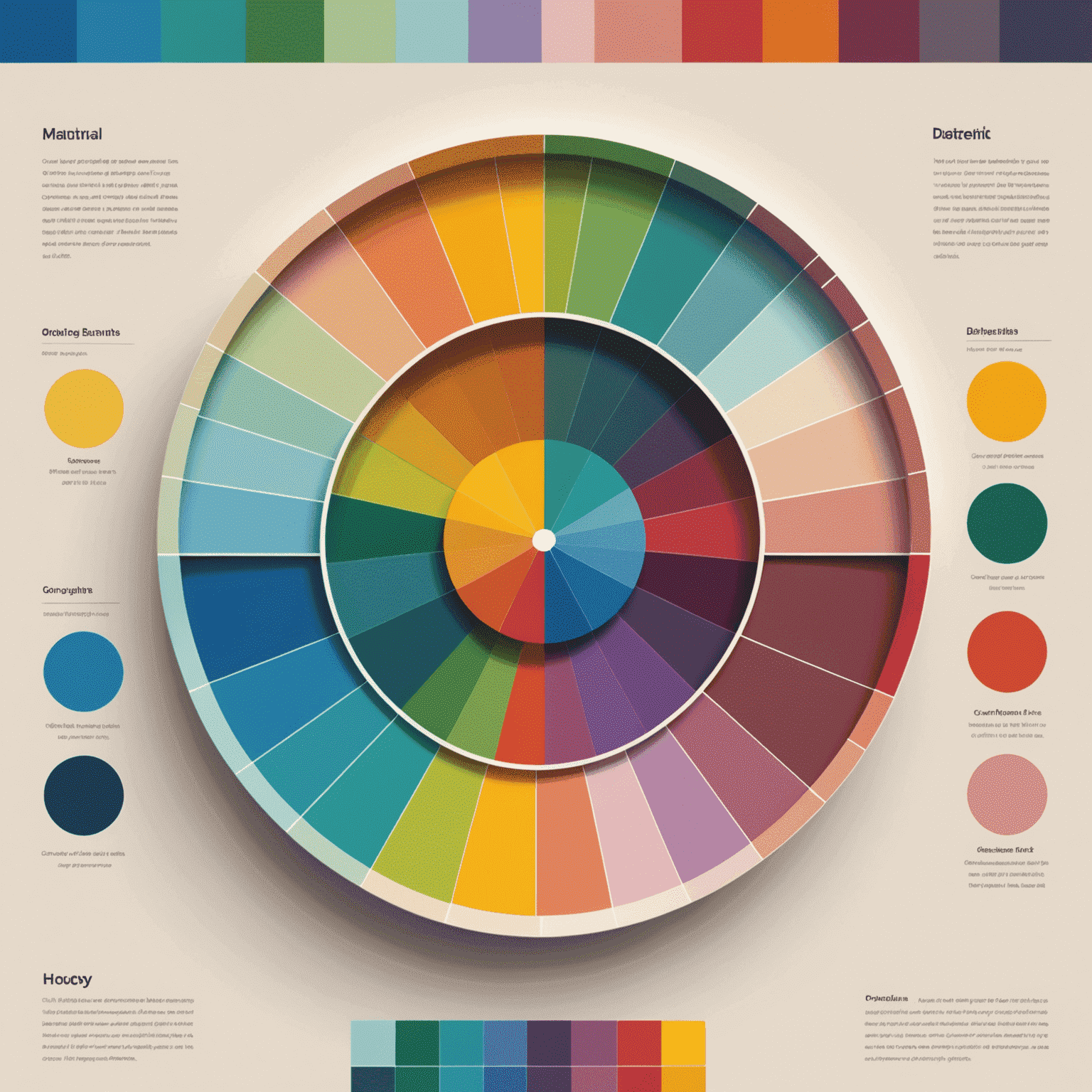 Imagen que muestra una rueda de color y ejemplos de paletas de colores armoniosas utilizadas en diseño web